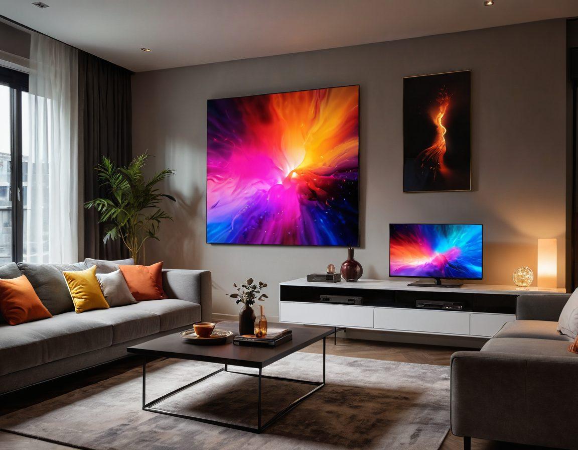 A stylish, modern home interior showcasing a cozy living space with a soft glow from ambient lighting. A comfortable couch is adorned with trendy cushions, alongside a sleek coffee table holding stylish adult media magazines and a remote control. In the background, a luminous screen displays abstract art that symbolizes the evolution of entertainment. The atmosphere is intimate yet sophisticated, reflecting the new age of sensual entertainment consumption. super-realistic. vibrant colors. soft focus.