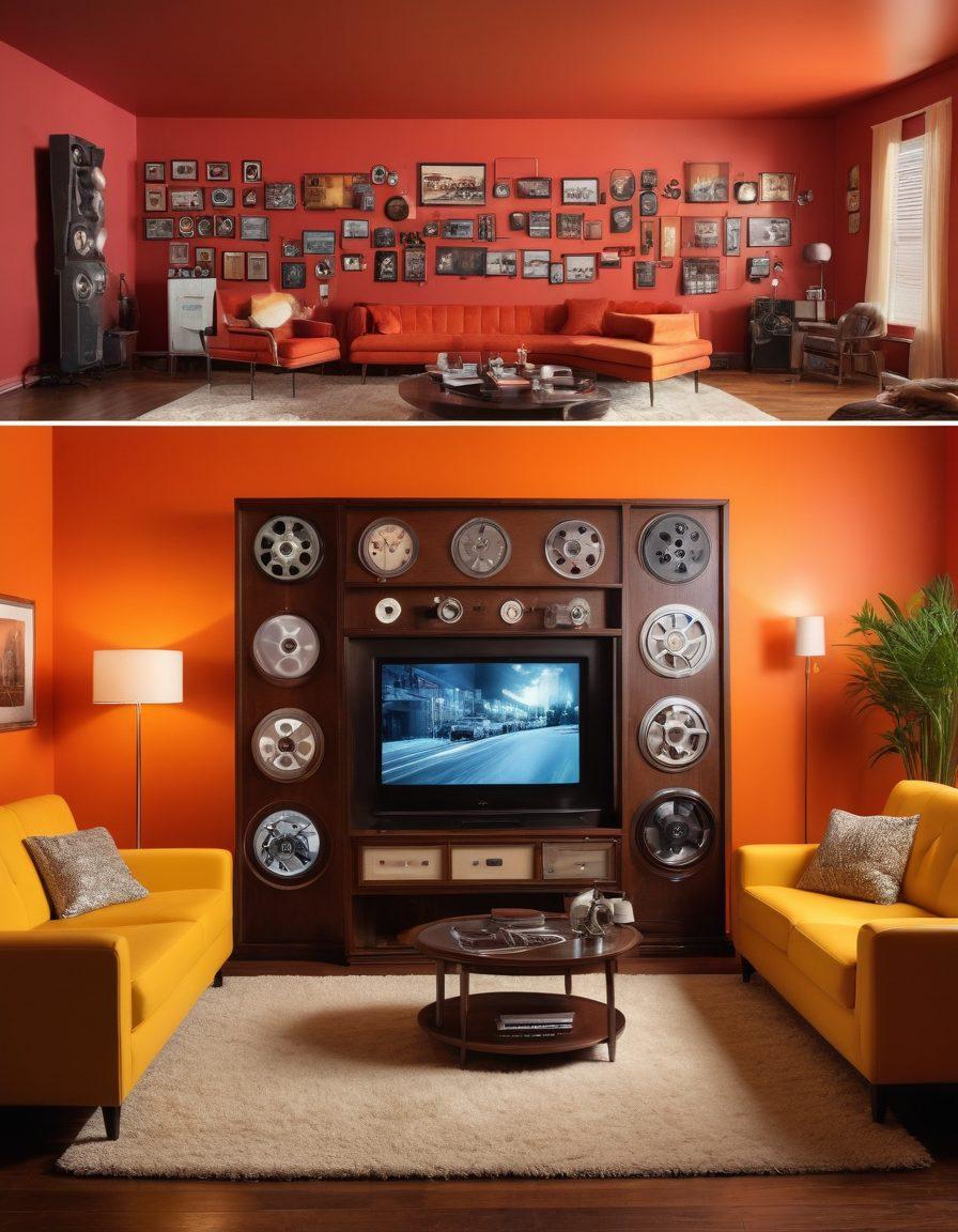 A timeline collage illustrating the evolution of adult entertainment, featuring vintage X-rated film reels, modern streaming devices displaying adult content, and a blend of iconic imagery from different eras. The backdrop transitions from a classic film set to a sleek contemporary living room, symbolizing the evolution of viewing experiences. Bright and bold colors to capture attention. super-realistic. vibrant colors.